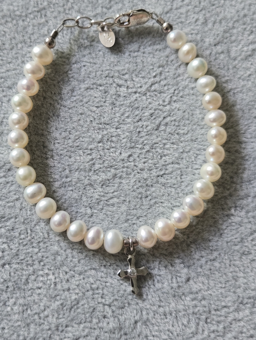 Baptism Bracelet White Freshwater Pearl and Cross Sterling Silver Clasp